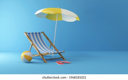 Summer Concept. Deck Chair with Sunshade and Color Beach Ball on studio background. 3d rendering - Powered by Shutterstock