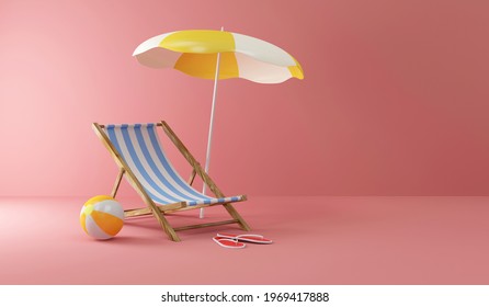 Summer Concept. Deck Chair With Sunshade And Color Beach Ball On Pink Studio Background. 3d Rendering