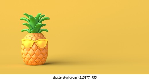 Summer Concept With Pineapple With Sunglasses. Copy Space. 3D Illustration.