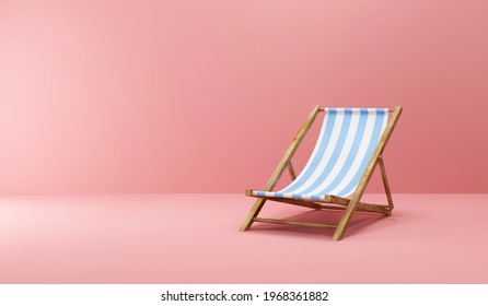 Summer Concept. Wooden Beach Chair On Pink Studio Background. 3d Rendering