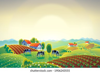 Summer countryside landscape with herd of cows and village. - Powered by Shutterstock