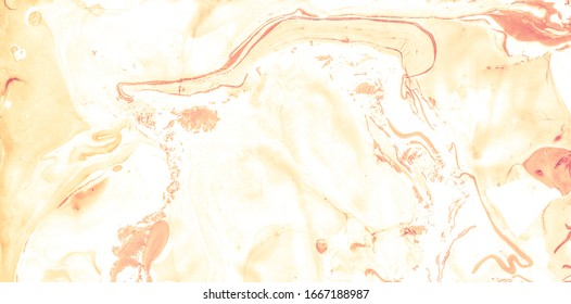 Summer Creative Fluid Ebru, Orange Textile Acryl . White Colored Liquid Drawing, Fluid Paint Mixed, Blood Orange Art .Abstract Yellow Oil Fabrics