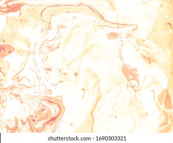 Summer Creative Fluid Ebru, Orange Textile Acryl . White Colored Liquid Drawing, Fluid Paint Mixed, Blood Orange Art .Abstract Yellow Oil Fabrics