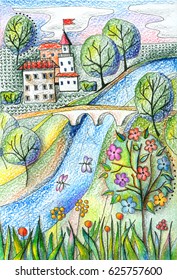 Summer day  Landscape and river  town  bridge  trees   flowers  Fantasy pencil drawing 