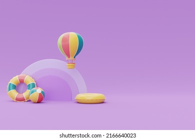Summer Display With Colorful Summer Beach Elements On Purple Background, 3d Rendering.
