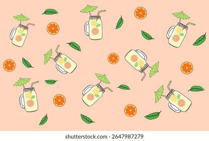 Summer Drink Pattern. A repeating pattern featuring illustrations of mason jars filled with a refreshing summer drink, garnished with citrus fruits and mint. lemonade. oranges. sun. summer time
