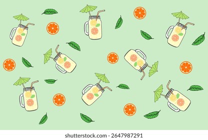 Summer Drink Pattern. A repeating pattern featuring illustrations of mason jars filled with a refreshing summer drink, garnished with citrus fruits and mint. lemonade. oranges. sun. summer time
