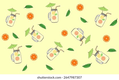 Summer Drink Pattern. A repeating pattern featuring illustrations of mason jars filled with a refreshing summer drink, garnished with citrus fruits and mint. lemonade. oranges. sun. summer time
