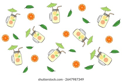 Summer Drink Pattern. A repeating pattern featuring illustrations of mason jars filled with a refreshing summer drink, garnished with citrus fruits and mint. lemonade. oranges. sun. summer time
