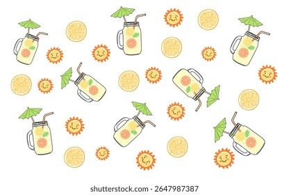 Summer Drink Pattern. A repeating pattern featuring illustrations of mason jars filled with a refreshing summer drink, garnished with citrus fruits and mint. lemonade. oranges. sun. summer time
