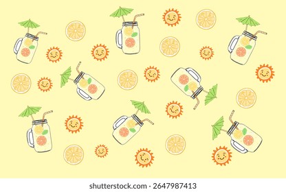 Summer Drink Pattern. A repeating pattern featuring illustrations of mason jars filled with a refreshing summer drink, garnished with citrus fruits and mint. lemonade. oranges. sun. summer time
