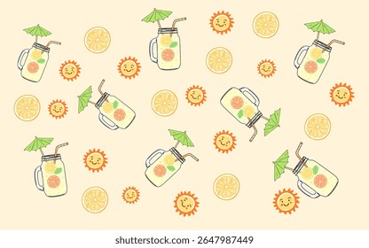Summer Drink Pattern. A repeating pattern featuring illustrations of mason jars filled with a refreshing summer drink, garnished with citrus fruits and mint. lemonade. oranges. sun. summer time
