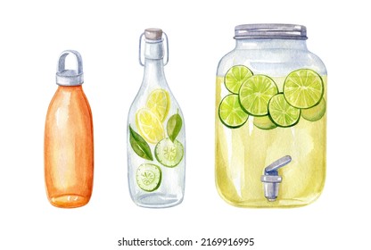 Summer Drinks Watercolor Set. Bottle Of Orange Juice, Sassy Water And Homemade Lemonade. Hand Drawn Food Clipart.