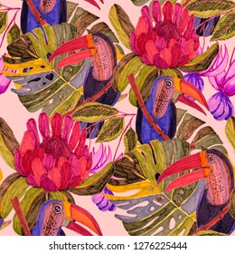 Summer exotic seamless pattern. Floral background with tropical leaves, flowers and birds. Hand drawn texture. Surface design.