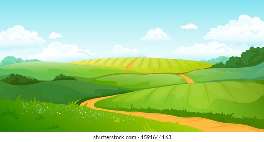 Summer fields landscape. Cartoon countryside valley with green hills blue sky and curly clouds. rural nature horizon pasture view