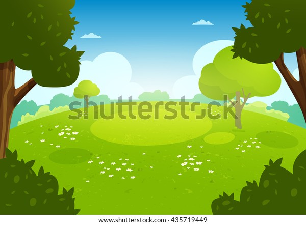 夏の平らな風景 春の漫画の背景 森の中に花と草原 のイラスト素材