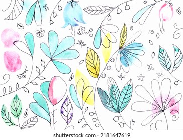 Summer floral pattern watercolor and line art design elements