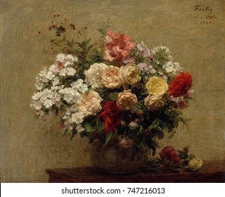 Summer Flowers, by Henri Fantin-Latour, 1880, French impressionist painting, oil on canvas. The dahlias, phlox, and roses in the bouquet were picked near the artist\x90s country home in Bure, Normandy