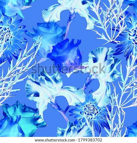 Summer flowers with iris, seamless
pattern, floral watercolor illustration.