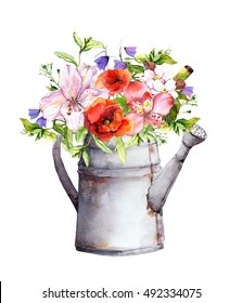 Summer Flowers In Vintage Watering Can. Watercolor