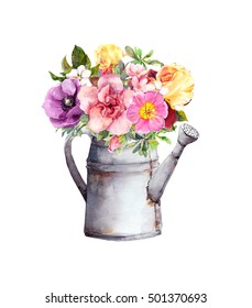 Summer Flowers In Vintage Watering Can. Watercolor