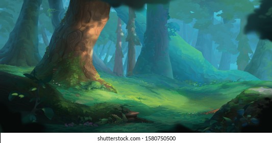 Summer Forest Background For Animation. Scene Design Illustration. Game Concept Art