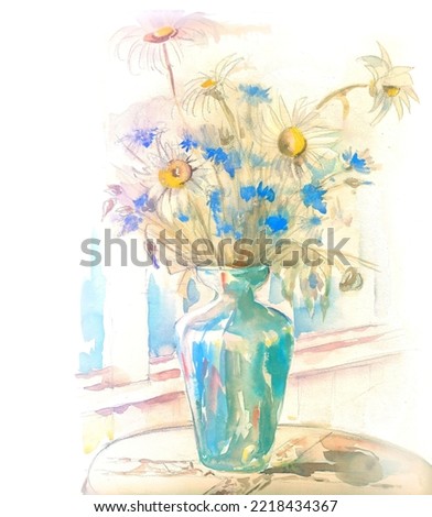 Summer fragrance.  Watercolor painting. Beautiful bouquet of flowers. Daisies and cornflowers in a blue vase. Artistic decoration for greeting card, design, interior, photo wallpaper. 