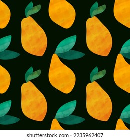 Summer fruit seamless yellow mango watercolor paint green leaves pattern for wrapping paper and fabrics and linens and kids clothes print and kitchen textiles 
