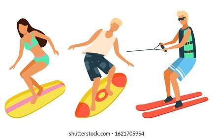 Summer fun, windsurfing sport recreation and water skis. raster beach activities, man and woman on surfboards isolated. raster surfers on boards and jets - Powered by Shutterstock