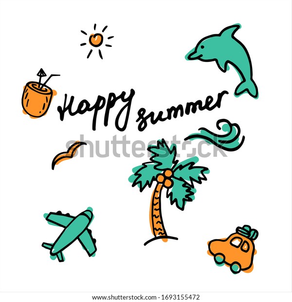 Summer hand drawn labels.\
Inscription Happy summer. Summer holiday, travel, beach vacation\
concept