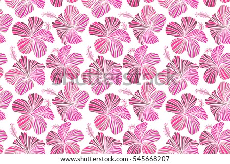 Summer hawaiian seamless pattern with tropical plants and hibiscus flowers in purple, pink and neutral colors. Illustration on a white background.
