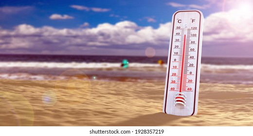 Summer heat, high temperature, 100 degrees Fahrenheit scale, hot sunny day on the coast. Weather thermometer on a sandy beach, blue sky background, 3d illustration