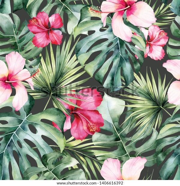 Summer Hibiscus Flowers Palm Tree Monstera Stock Illustration ...