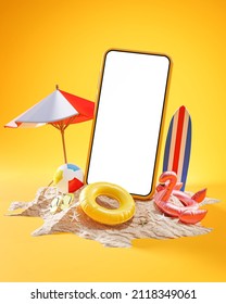 Summer Holiday Smart Phone Mockup 3D Illustration. Phone Screen On Beach Sand. Yellow Background. Summer Sale Advertisement Marketing