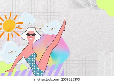 Summer illustration background featuring a cheerful woman with blonde hair in a swimsuit, enjoying summer. Summer background with sun, clouds, and colorful patterns, embodying summer fun. - Powered by Shutterstock