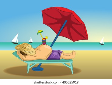 Summer Illustration For Beach Holidays. Fat Man Relaxing At The Resort.