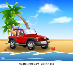 Summer Jeep Car On Beach With Palm