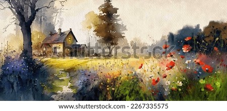 Summer landscape, artwork. Old house in the woods, watercolor painting of a landscape in the morning, landscape with flowers and grass