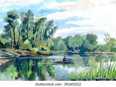 Summer Landscape With A Canoe Paddler Watercolor