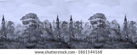 Summer  landscape, forest, park. Silhouettes of trees and bushes. Mixed forest - oak, ash, maple, birch, pine, cedar, spruce. Watercolor paint splash. Scenery.Watercolor painting. Environmental poster