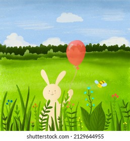 Summer landscape. Green meadow and cute cartoon bunny with balloon. Forest, green grass, flowers. Raster illustration. For poster, print, greeting card, invitation, book.