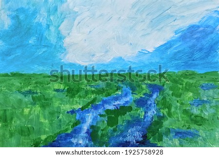 Summer landscape. Green rural fields or meadow with water ponds or swamp. Blue sky white clouds. Fresh grass meadows in the countryside. Painting acrylic oil. Impressionism. Contemporary art.