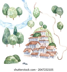 summer landscape with green trees and houses on the mountain, paths, cute watercolor childrens illustration on white background