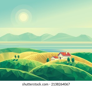 Summer landscape with hills, mountains and a pond in the background, as well as a village standing on a hill. Raster illustration