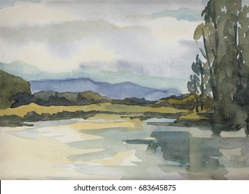 Summer Landscape With Lake. Watercolor Painting