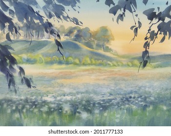 Summer landscape with a meadow and a hill watercolor background. Hand painted illustration