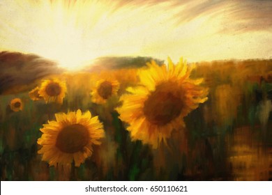summer landscape painting, golden sunflower field on sunset- oil paints on acrylics, digital artwork