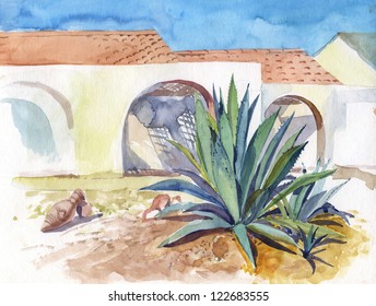 Summer Landscape With White Houses And Beautiful Agave. Watercolor Art.