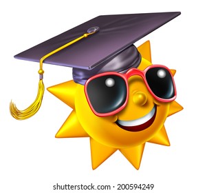 Summer Learning And School Education Concept As A Happy Three Dimensional Sun Character Wearing A Graduation Hat Or Mortar Cap As A Student Symbol Of Academic Extracurricular Courses On White.