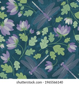 Summer Lilac Flowers, Garden  And Dragonflies  -  Seamless Pattern In A Flat Style. Spring Mood. Background For Fabric, Textile, Wallpaper, Poster, Web Site, Card, Gift Wrapping Paper 